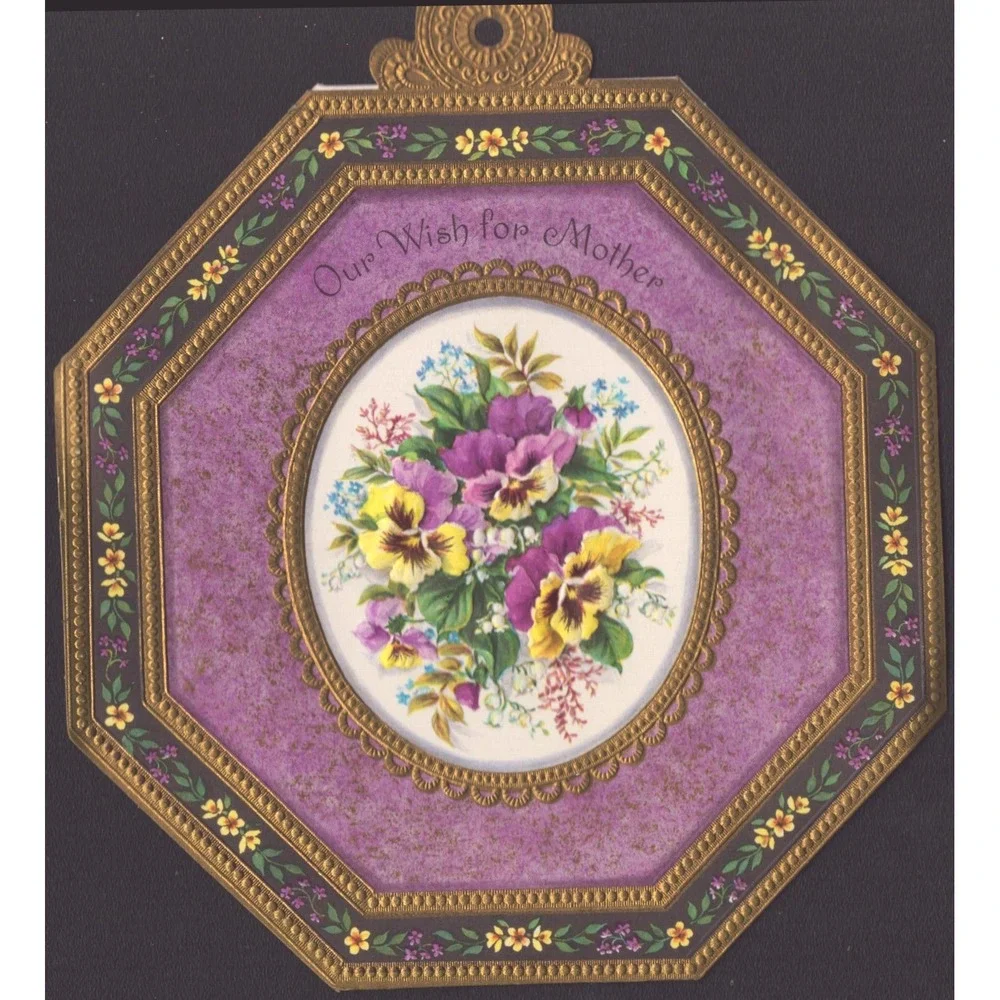 Vintage 1960s Mother's Day Card Octagon Die Cut Gold Pansy Floral Ambassador